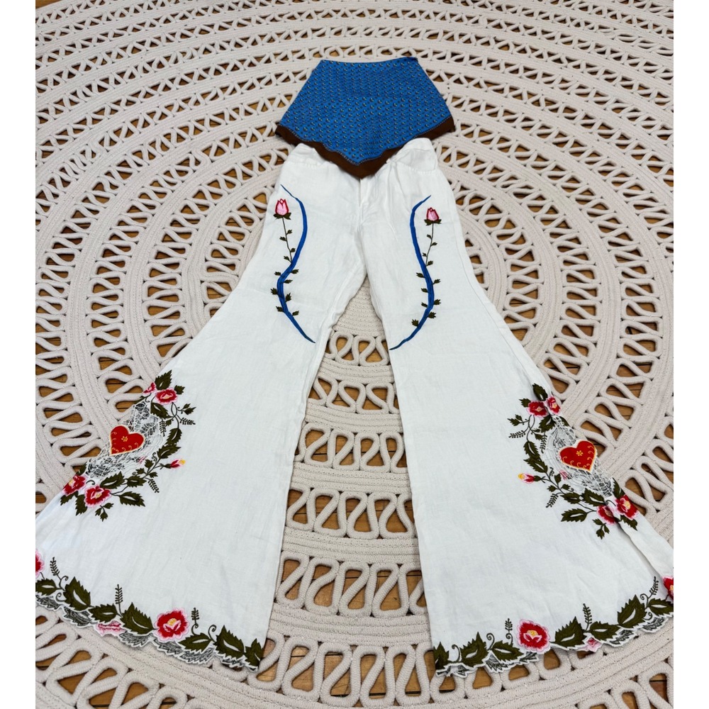 Boho Embroidered White Linen Flare Pants Floral Heart Cutout Fillyboo Sz S